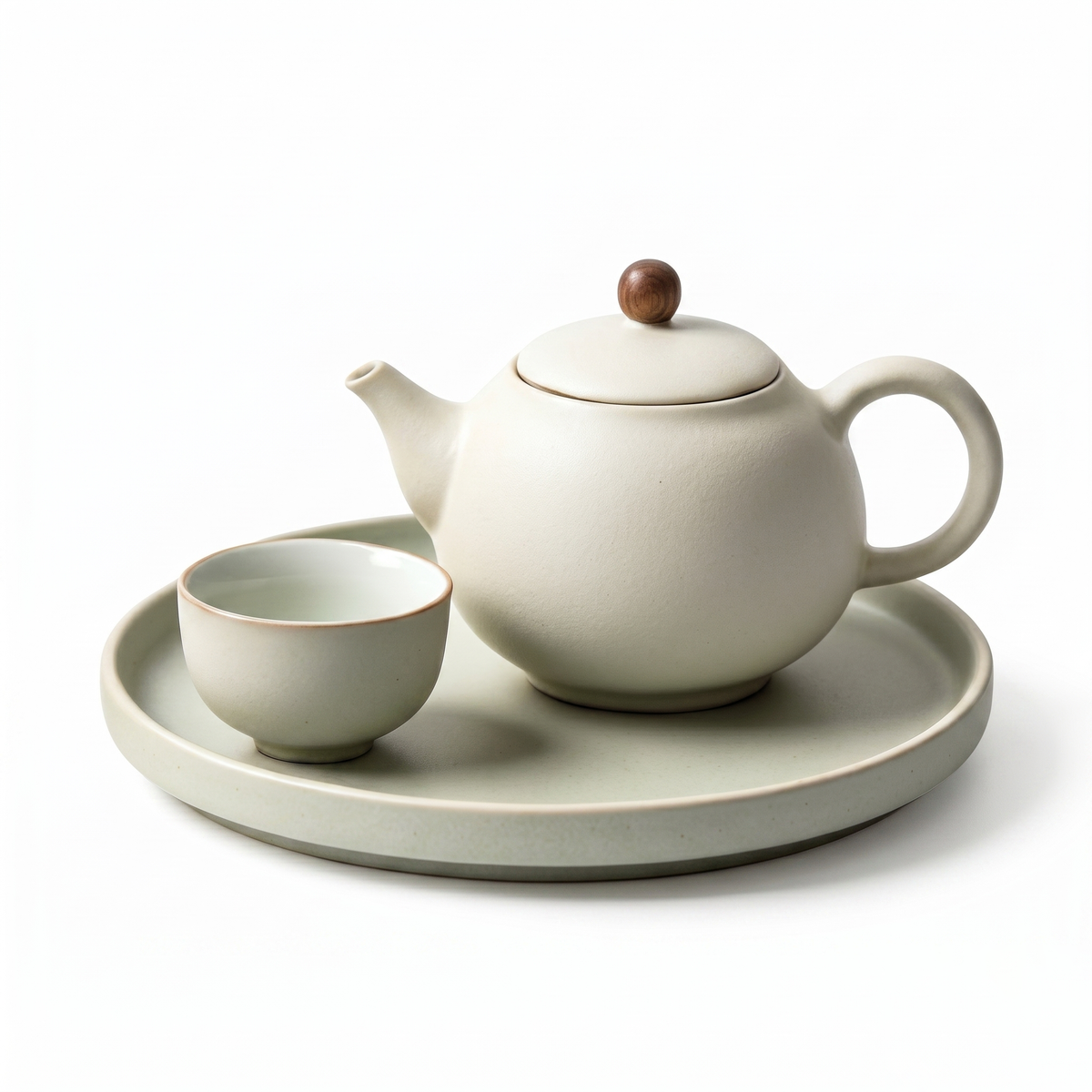Matte Alabaster Wood-Accented Solo Tea Set