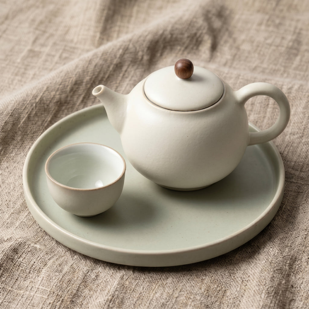 Matte Alabaster Wood-Accented Solo Tea Set