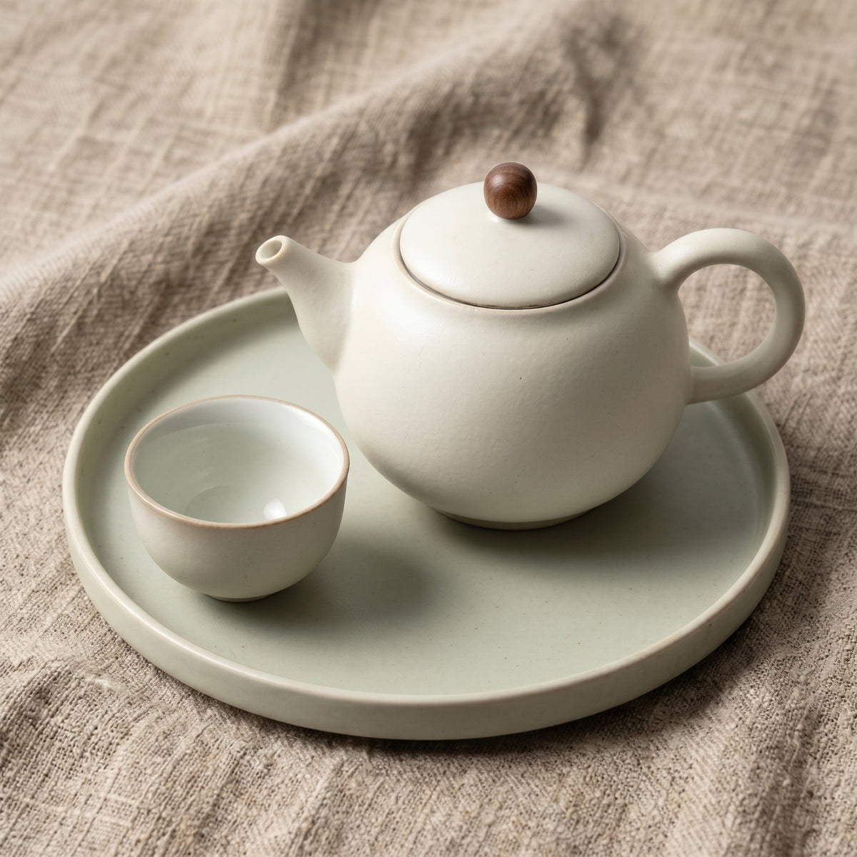 Matte Alabaster Wood-Accented Solo Tea Set