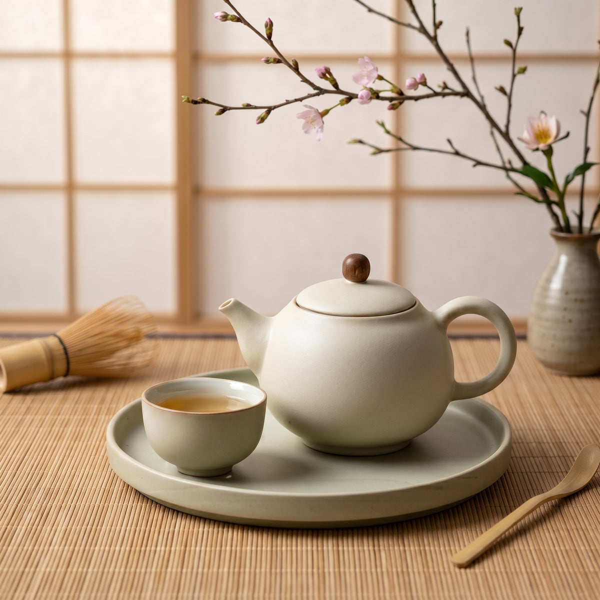 Matte Alabaster Wood-Accented Solo Tea Set