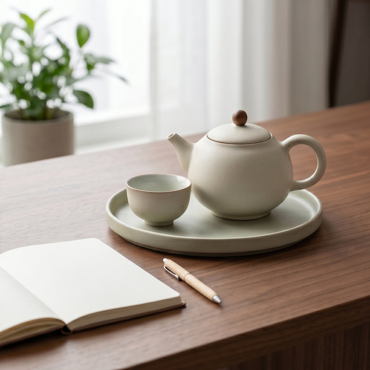 Matte Alabaster Wood-Accented Solo Tea Set