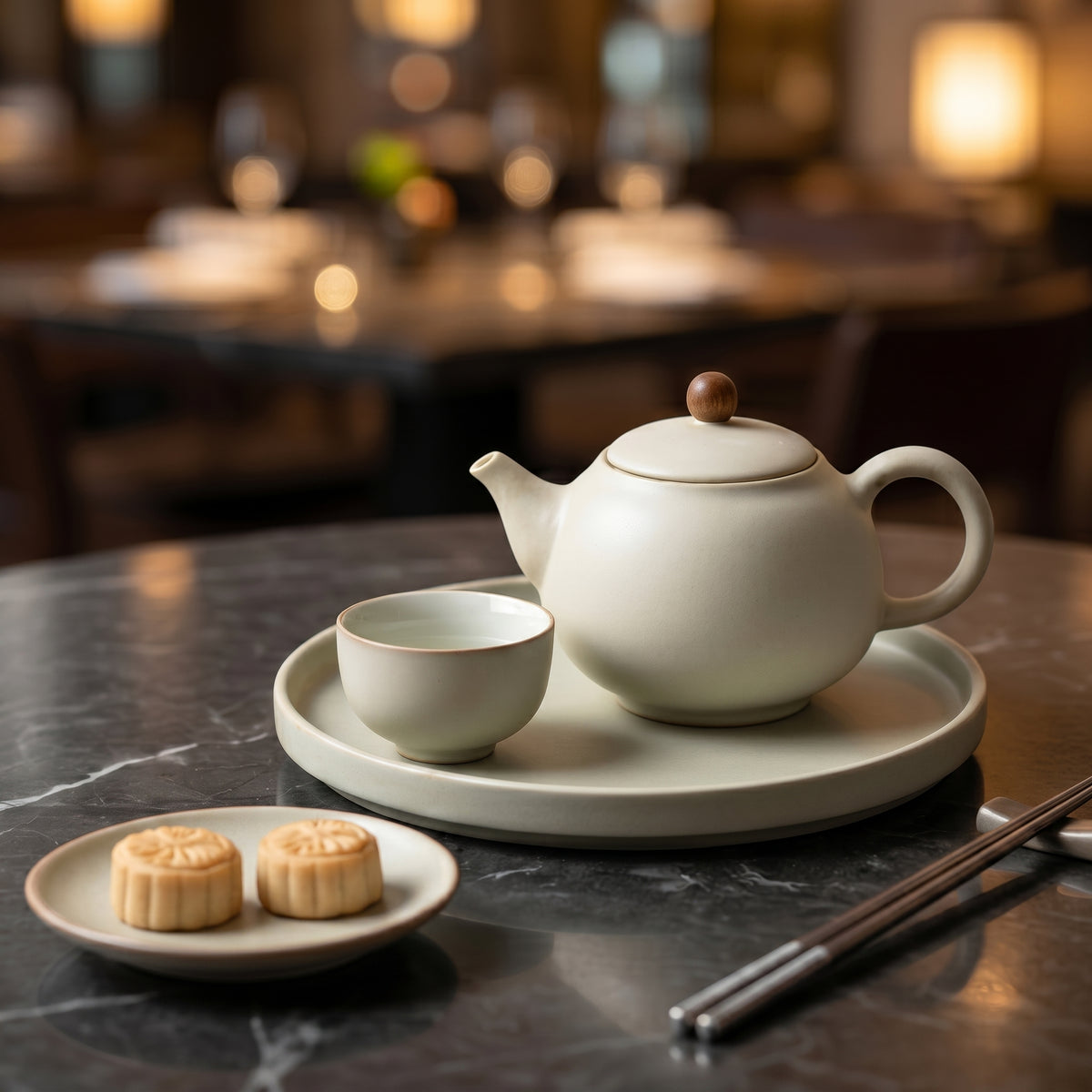 Matte Alabaster Wood-Accented Solo Tea Set