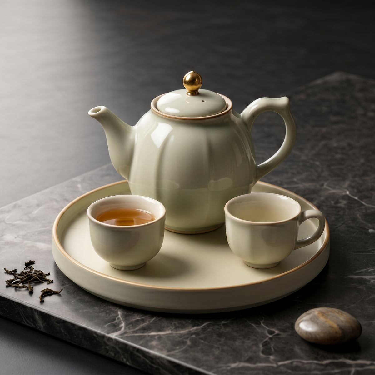 Glossy Ivory Gold-Accented Tea Set