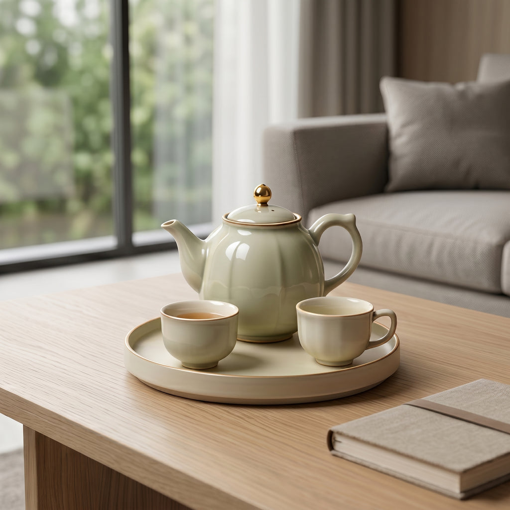 Glossy Ivory Gold-Accented Tea Set