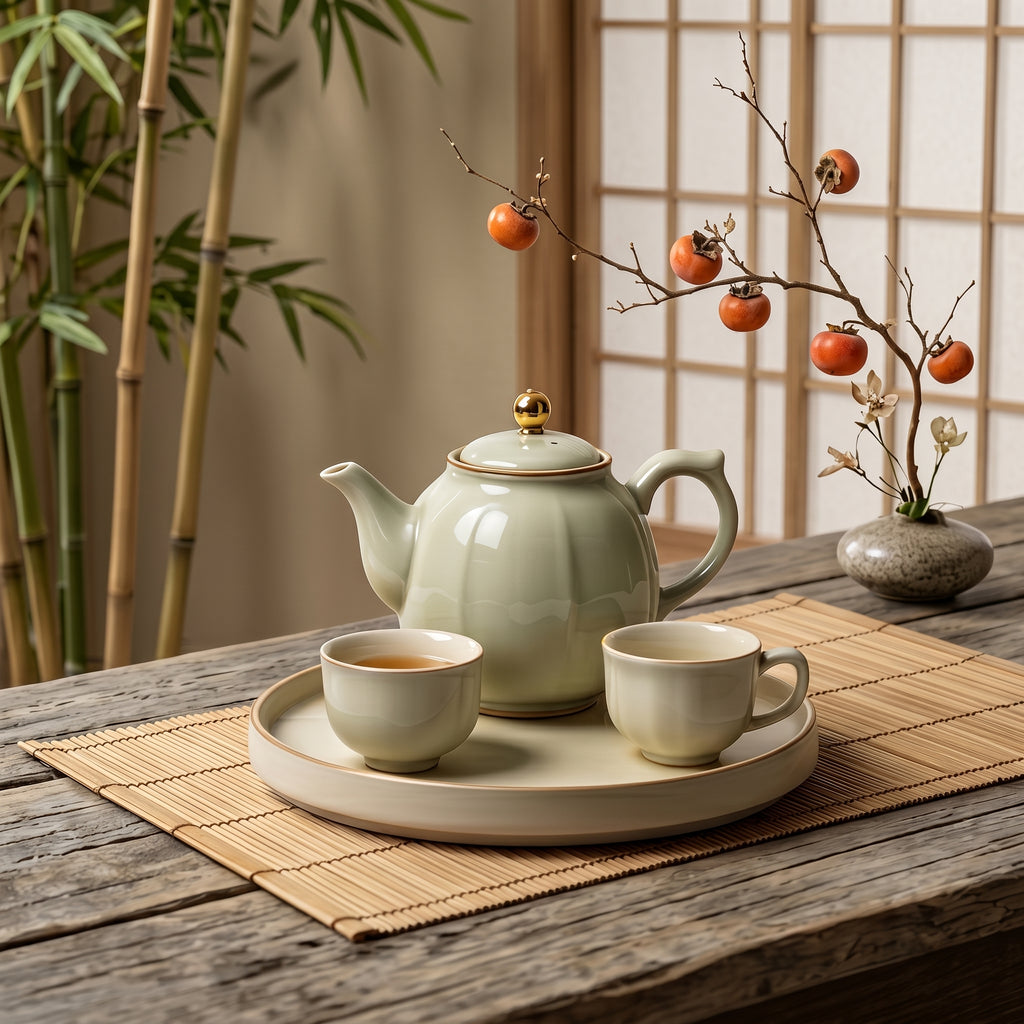 Glossy Ivory Gold-Accented Tea Set