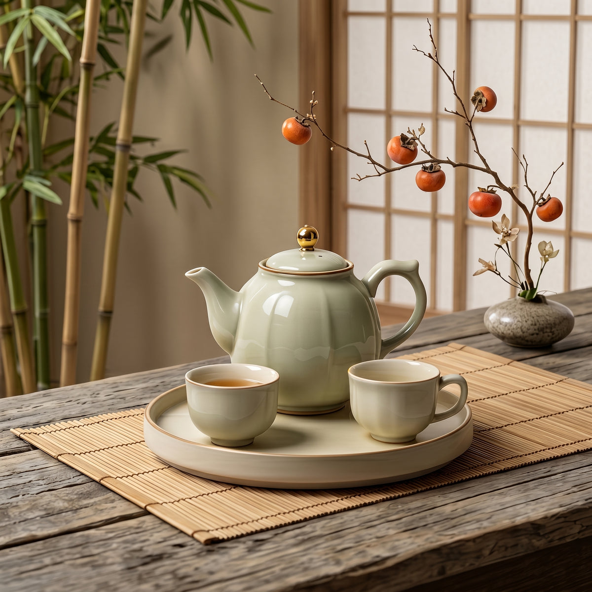 Glossy Ivory Gold-Accented Tea Set