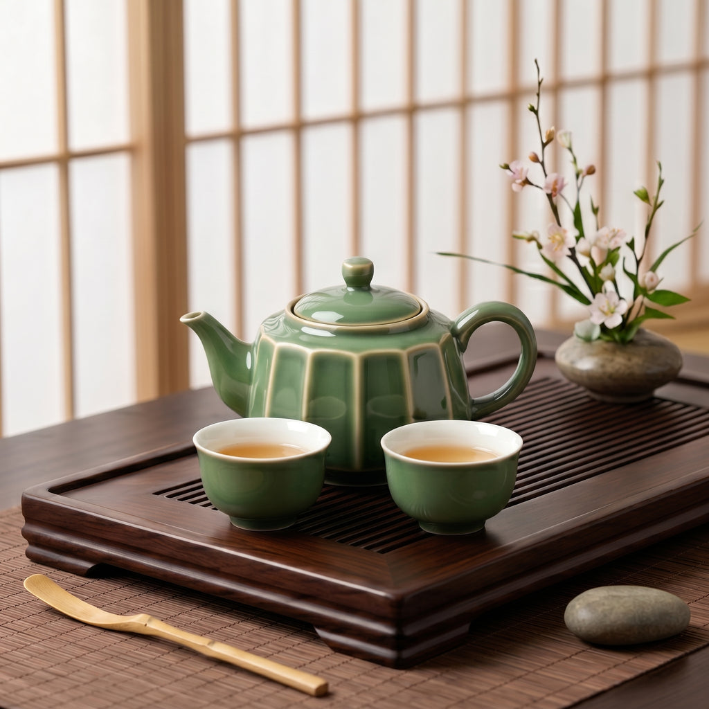 Fluted Jade Green Ceramic Tea Set