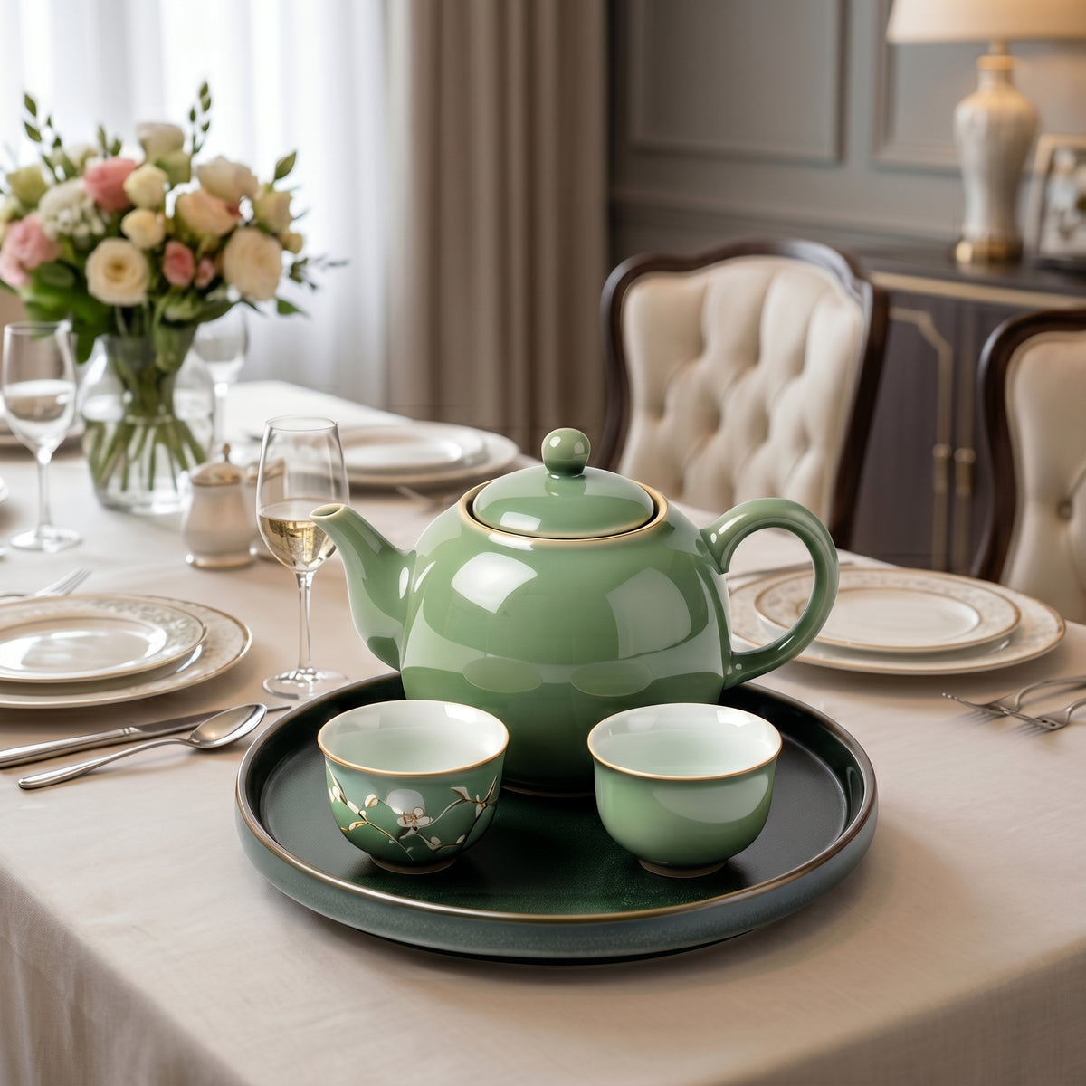 Sage Green Botanical Ceramic Tea Set