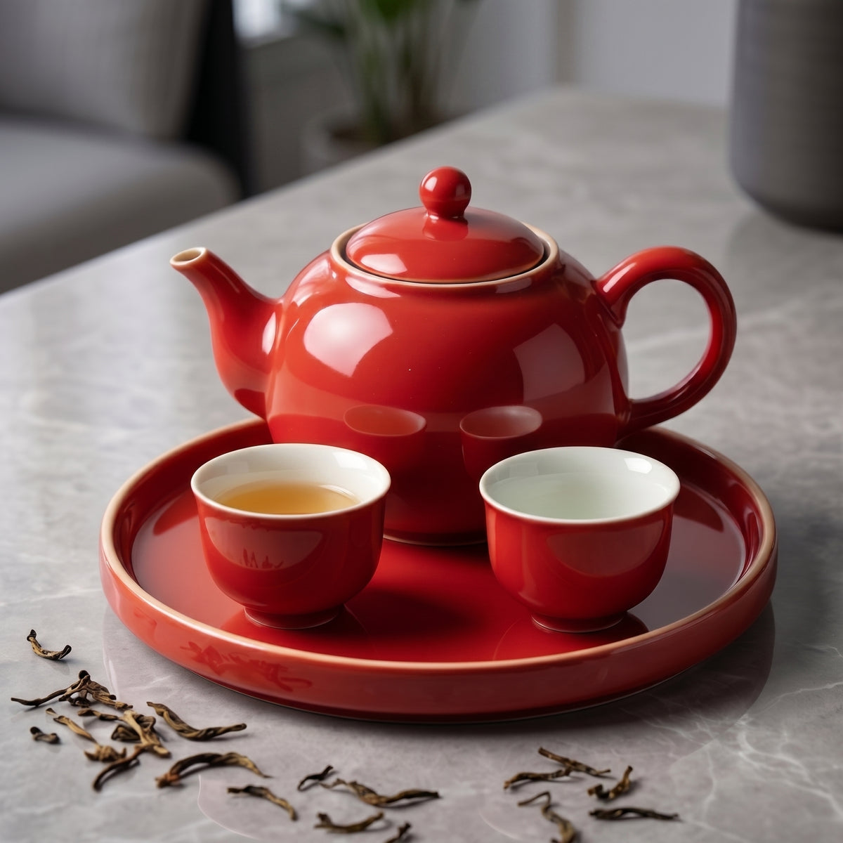 Vibrant Crimson Ceramic Tea Set