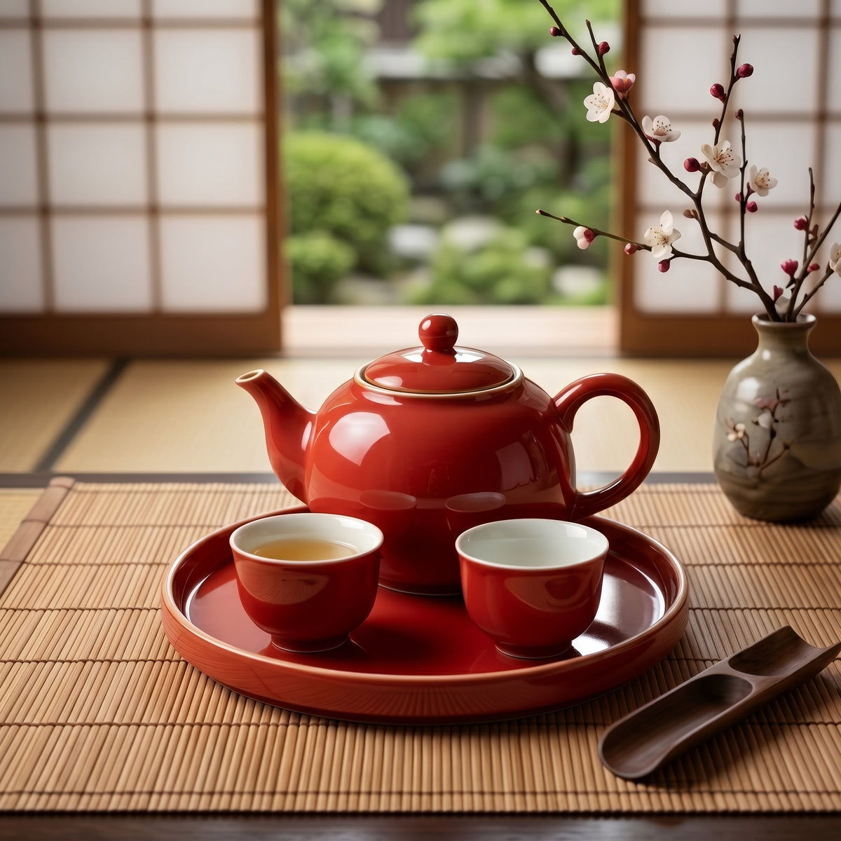 Vibrant Crimson Ceramic Tea Set