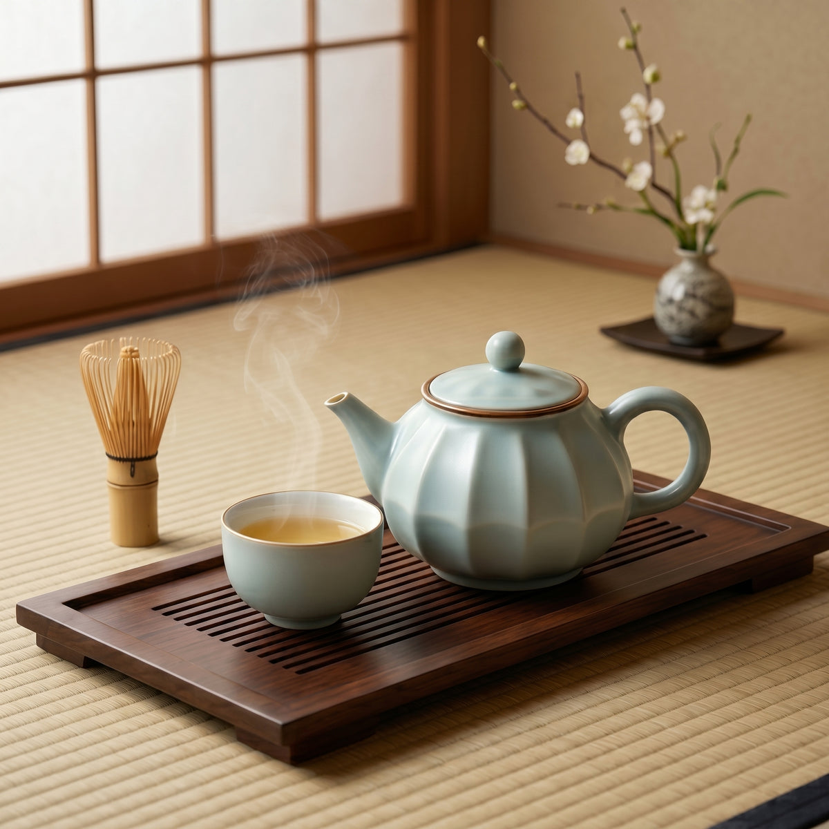 Fluted Pale Mint Ceramic Solo Tea Set