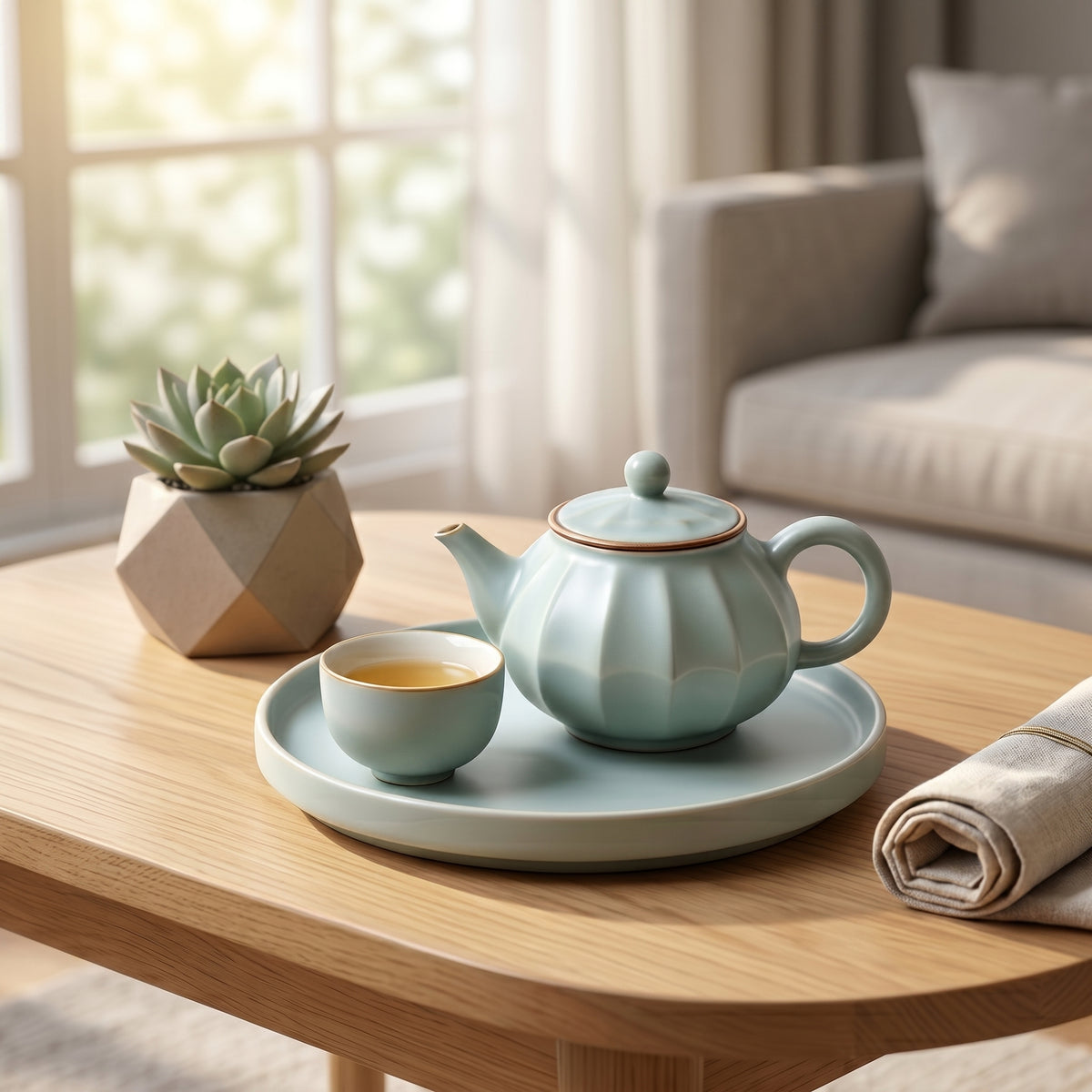 Fluted Pale Mint Ceramic Solo Tea Set