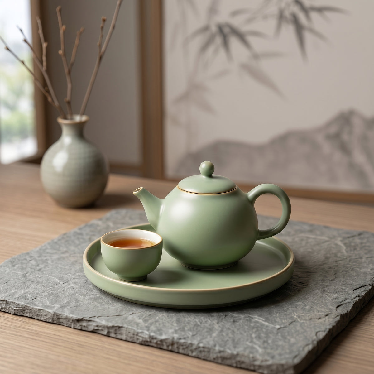Matte Sage Green Ceramic Solo Tea Set