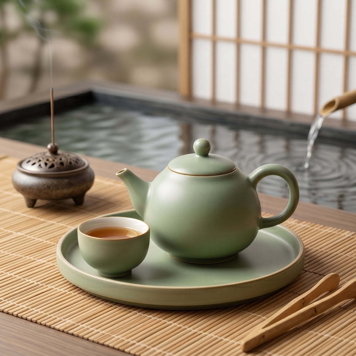 Matte Sage Green Ceramic Solo Tea Set